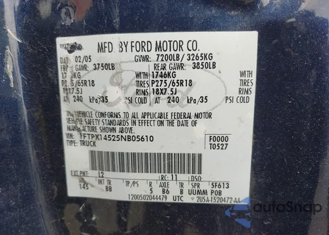 2005 Ford F-150 Fx4/Lariat/Xl/Xlt from USA, damaged, VIN 1FTPX14525NB05610